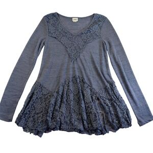 Daytrip Lace Trim Peplum Tunic Top‎ Blue Gray Boho Romantic Long Sleeve M